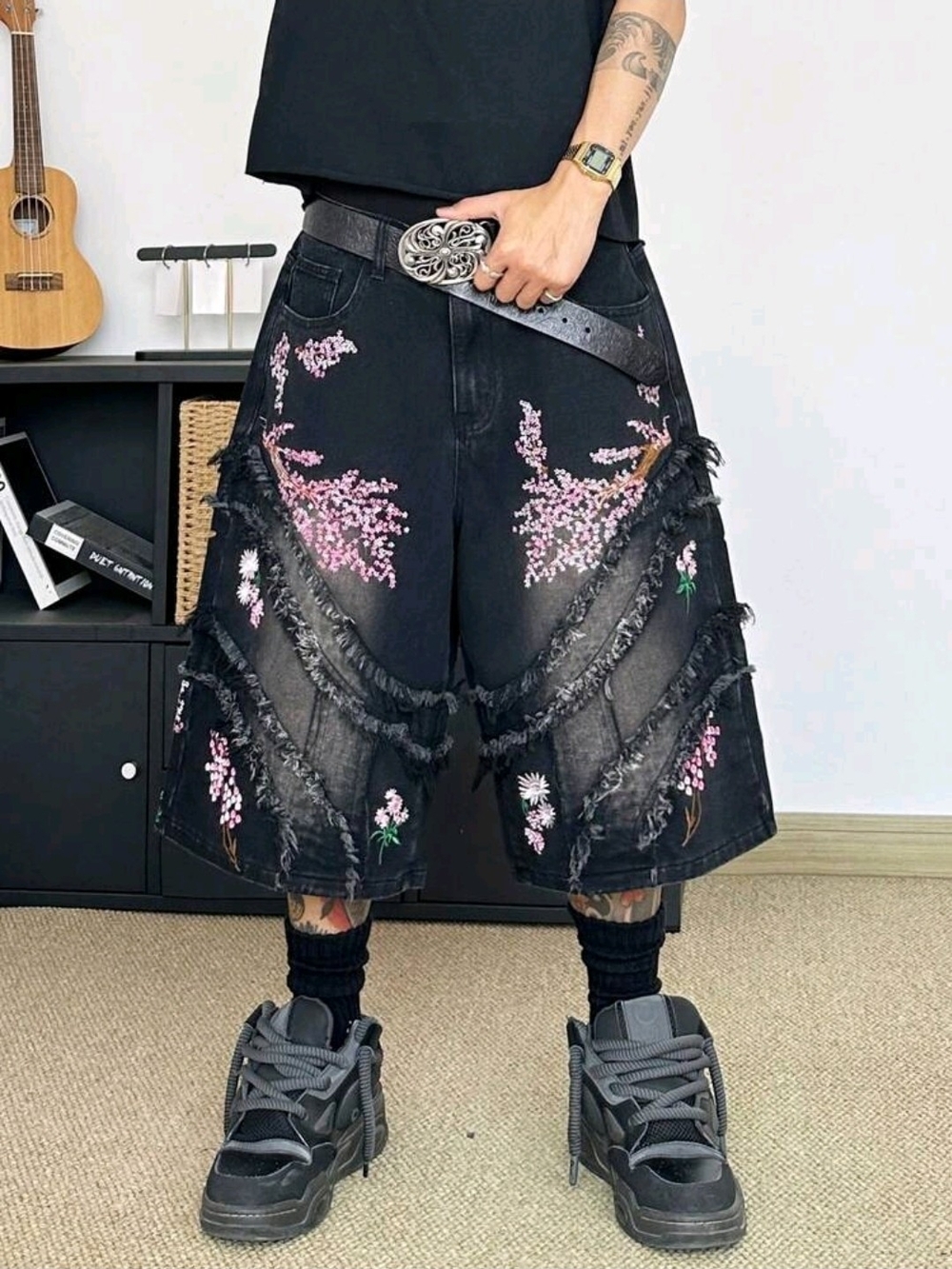 Black Floral Distressed Denim Midi Skirt